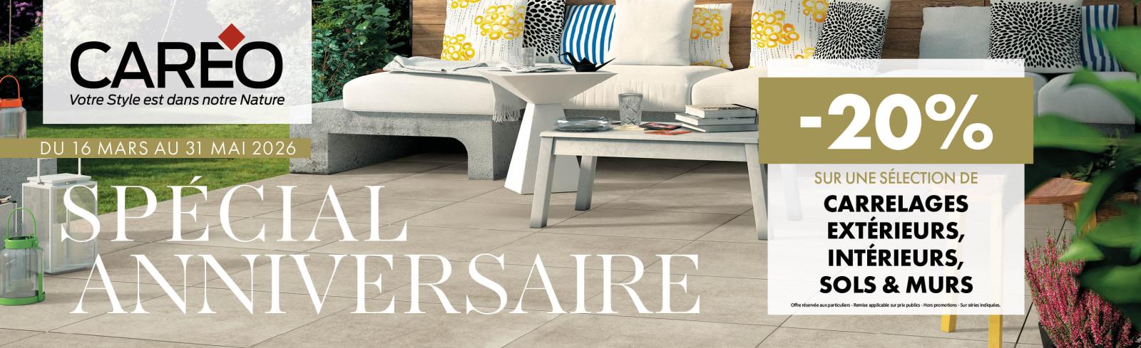 Visuel d'une terrasse sur une terrasse ensoleill&eacute;e - marque Careo - offre anniversaire