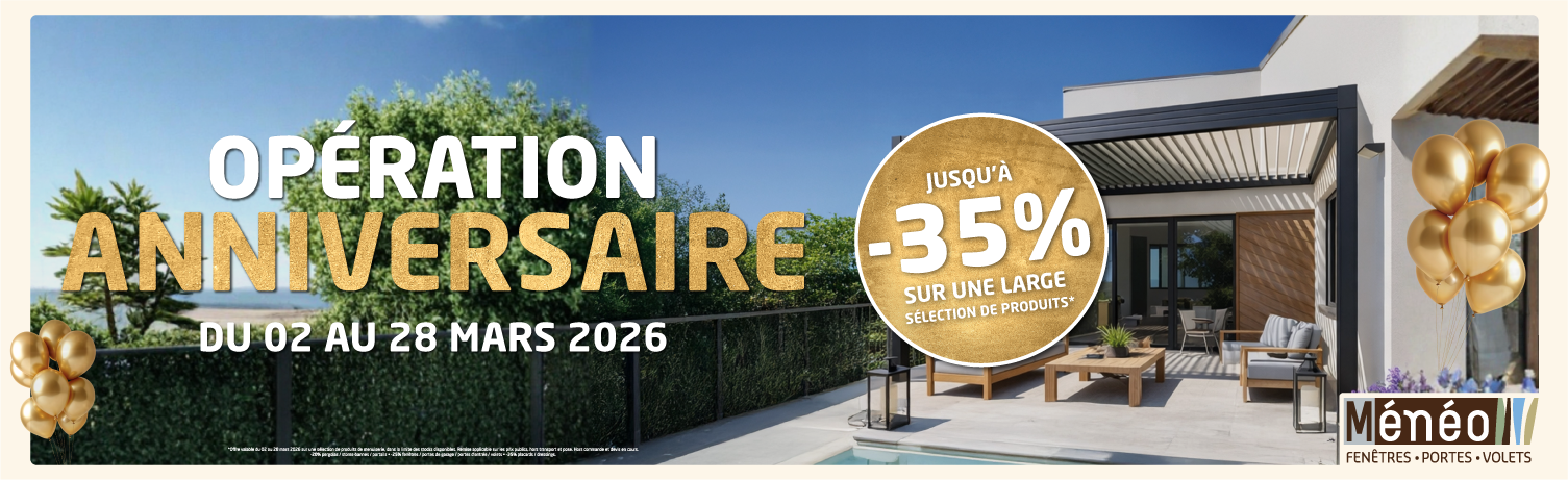 Visuel d'une pergola sur une terrasse ensoleill&eacute;e - marque meneo sp&eacute;cialiste menuiserie - offre anniversaire