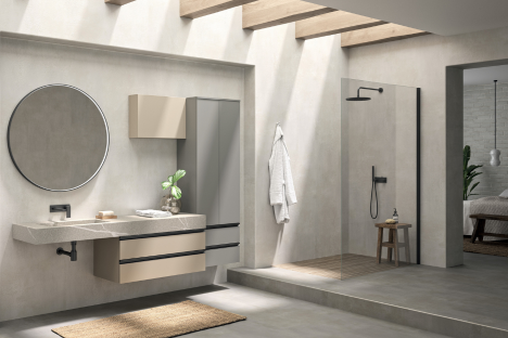 Photo d'ambiance suite parentale et salle d'eau - Béton et bois