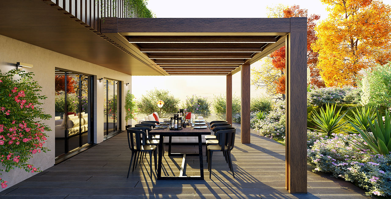 Terrasse ext&eacute;rieure au petit matin