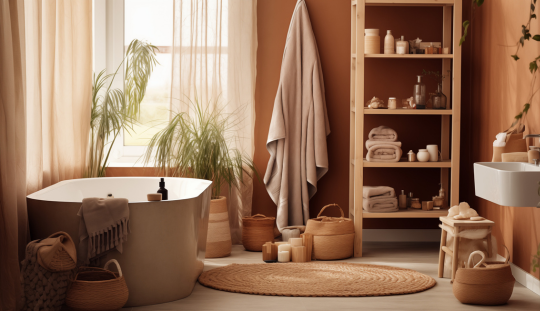 Photo ambiance salon bois, cuir et béton